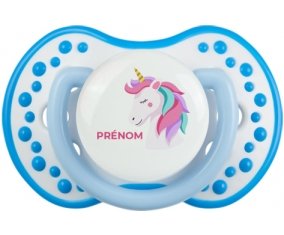 Licorne design-2 avec prénom : Blanc-bleu phosphorescente Tétine embout Lovi Dynamic