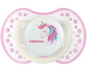 Licorne design-2 avec prénom : Blanc-rose phosphorescente Tétine embout Lovi Dynamic