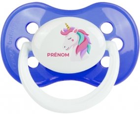 Licorne design-2 avec prénom : Bleu classique Tétine embout anatomique