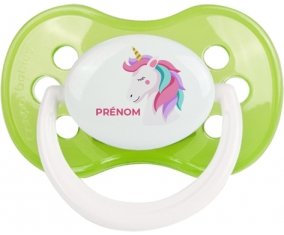 Licorne design-2 avec prénom : Vert classique Tétine embout anatomique