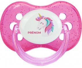 Licorne design-2 avec prénom : Rose à paillette Tétine embout cerise