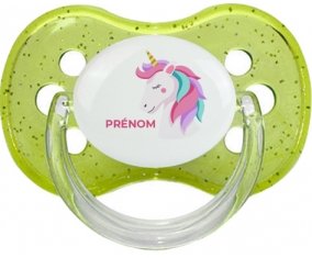 Licorne design-2 avec prénom : Vert à paillette Tétine embout cerise