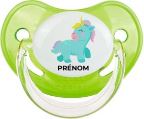 Licorne design-3 avec prénom : Vert classique Tétine embout physiologique