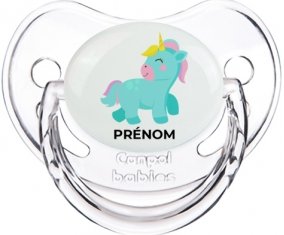 Licorne design-3 avec prénom : Transparent classique Tétine embout physiologique
