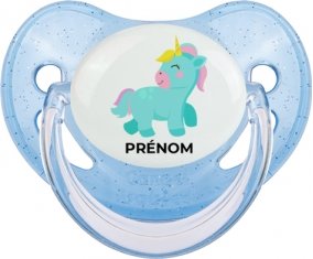 Licorne design-3 avec prénom : Bleue à paillette Tétine embout physiologique