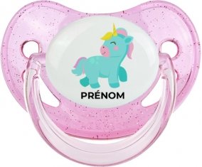 Licorne design-3 avec prénom : Rose à paillette Tétine embout physiologique