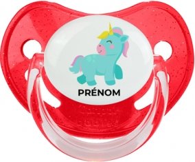 Licorne design-3 avec prénom : Rouge à paillette Tétine embout physiologique