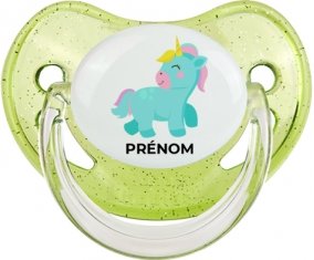 Licorne design-3 avec prénom : Vert à paillette Tétine embout physiologique