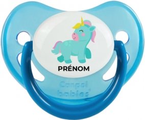 Licorne design-3 avec prénom : Bleue phosphorescente Tétine embout physiologique