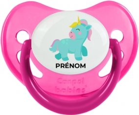 Licorne design-3 avec prénom : Rose phosphorescente Tétine embout physiologique