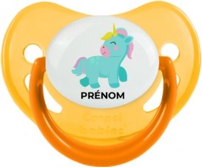Licorne design-3 avec prénom : Jaune phosphorescente Tétine embout physiologique
