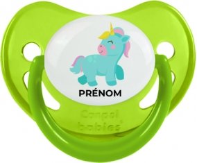 Licorne design-3 avec prénom : Vert phosphorescente Tétine embout physiologique