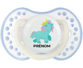 Licorne design-3 avec prénom : Blanc-cyan classique Tétine embout Lovi Dynamic