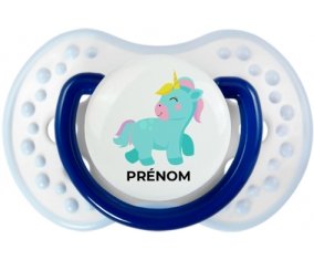 Licorne design-3 avec prénom : Marine-blanc-bleu classique Tétine embout Lovi Dynamic