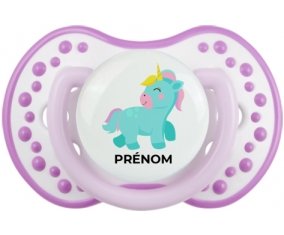 Licorne design-3 avec prénom : Blanc-mauve classique Tétine embout Lovi Dynamic