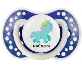 Licorne design-3 avec prénom : Bleu-marine phosphorescente Tétine embout Lovi Dynamic