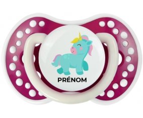 Licorne design-3 avec prénom : Fuchsia phosphorescente Tétine embout Lovi Dynamic