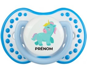 Licorne design-3 avec prénom : Blanc-bleu phosphorescente Tétine embout Lovi Dynamic