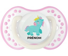 Licorne design-3 avec prénom : Blanc-rose phosphorescente Tétine embout Lovi Dynamic