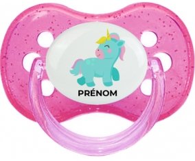 Licorne design-3 avec prénom : Rose à paillette Tétine embout cerise