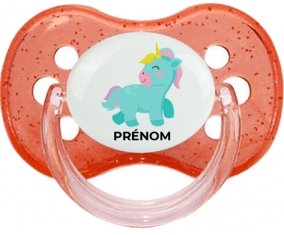 Licorne design-3 avec prénom : Rouge à paillette Tétine embout cerise