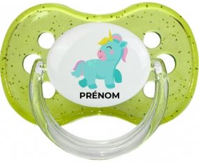 Licorne design-3 avec prénom : Vert à paillette Tétine embout cerise