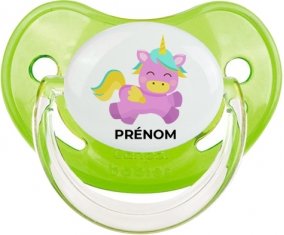 Licorne design-4 avec prénom : Vert classique Tétine embout physiologique