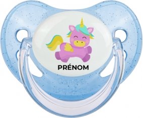 Licorne design-4 avec prénom : Bleue à paillette Tétine embout physiologique