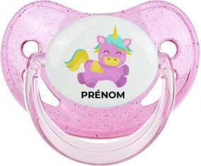 Licorne design-4 avec prénom : Rose à paillette Tétine embout physiologique