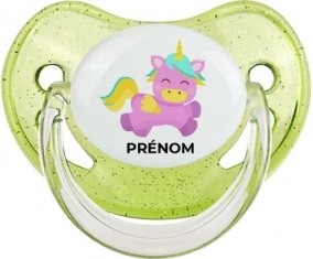 Licorne design-4 avec prénom : Vert à paillette Tétine embout physiologique