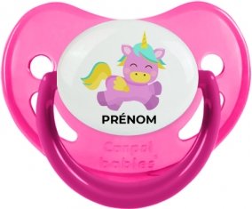 Licorne design-4 avec prénom : Rose phosphorescente Tétine embout physiologique