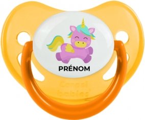Licorne design-4 avec prénom : Jaune phosphorescente Tétine embout physiologique