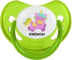 Licorne design-4 avec prénom : Vert phosphorescente Tétine embout physiologique
