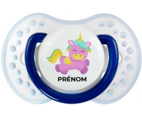 Licorne design-4 avec prénom : Marine-blanc-bleu classique Tétine embout Lovi Dynamic