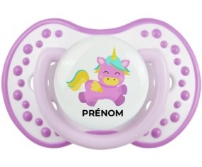 Licorne design-4 avec prénom : Blanc-mauve classique Tétine embout Lovi Dynamic