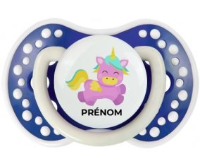 Licorne design-4 avec prénom : Bleu-marine phosphorescente Tétine embout Lovi Dynamic