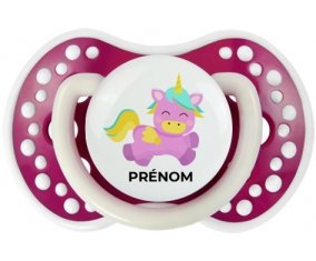 Licorne design-4 avec prénom : Fuchsia phosphorescente Tétine embout Lovi Dynamic