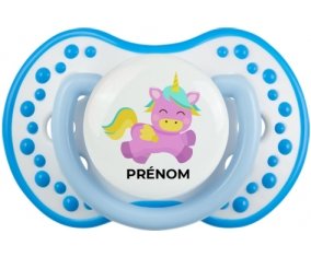 Licorne design-4 avec prénom : Blanc-bleu phosphorescente Tétine embout Lovi Dynamic