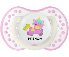 Licorne design-4 avec prénom : Blanc-rose phosphorescente Tétine embout Lovi Dynamic