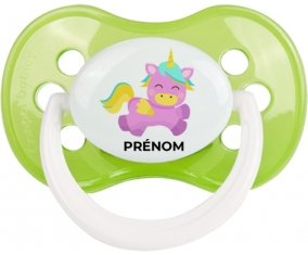 Licorne design-4 avec prénom : Vert classique Tétine embout anatomique