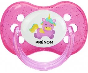 Licorne design-4 avec prénom : Rose à paillette Tétine embout cerise