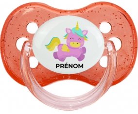 Licorne design-4 avec prénom : Rouge à paillette Tétine embout cerise