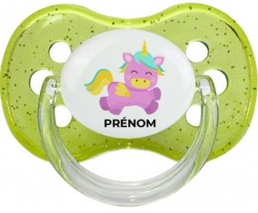 Licorne design-4 avec prénom : Vert à paillette Tétine embout cerise