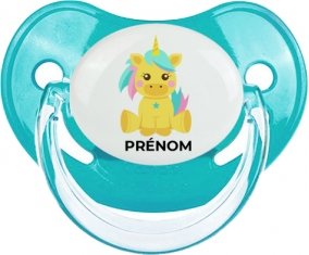 Licorne design-5 avec prénom : Bleue classique Tétine embout physiologique