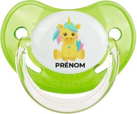 Licorne design-5 avec prénom : Vert classique Tétine embout physiologique