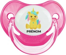 Licorne design-5 avec prénom : Rose classique Tétine embout physiologique