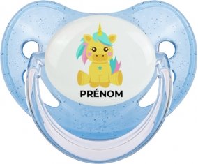 Licorne design-5 avec prénom : Bleue à paillette Tétine embout physiologique