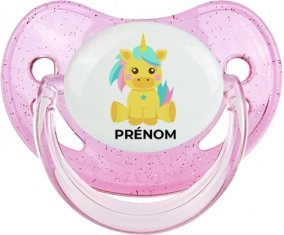 Licorne design-5 avec prénom : Rose à paillette Tétine embout physiologique