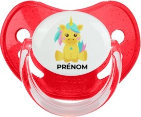 Licorne design-5 avec prénom : Rouge à paillette Tétine embout physiologique