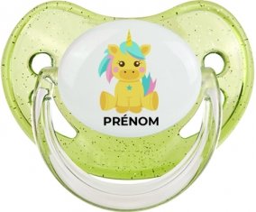 Licorne design-5 avec prénom : Vert à paillette Tétine embout physiologique